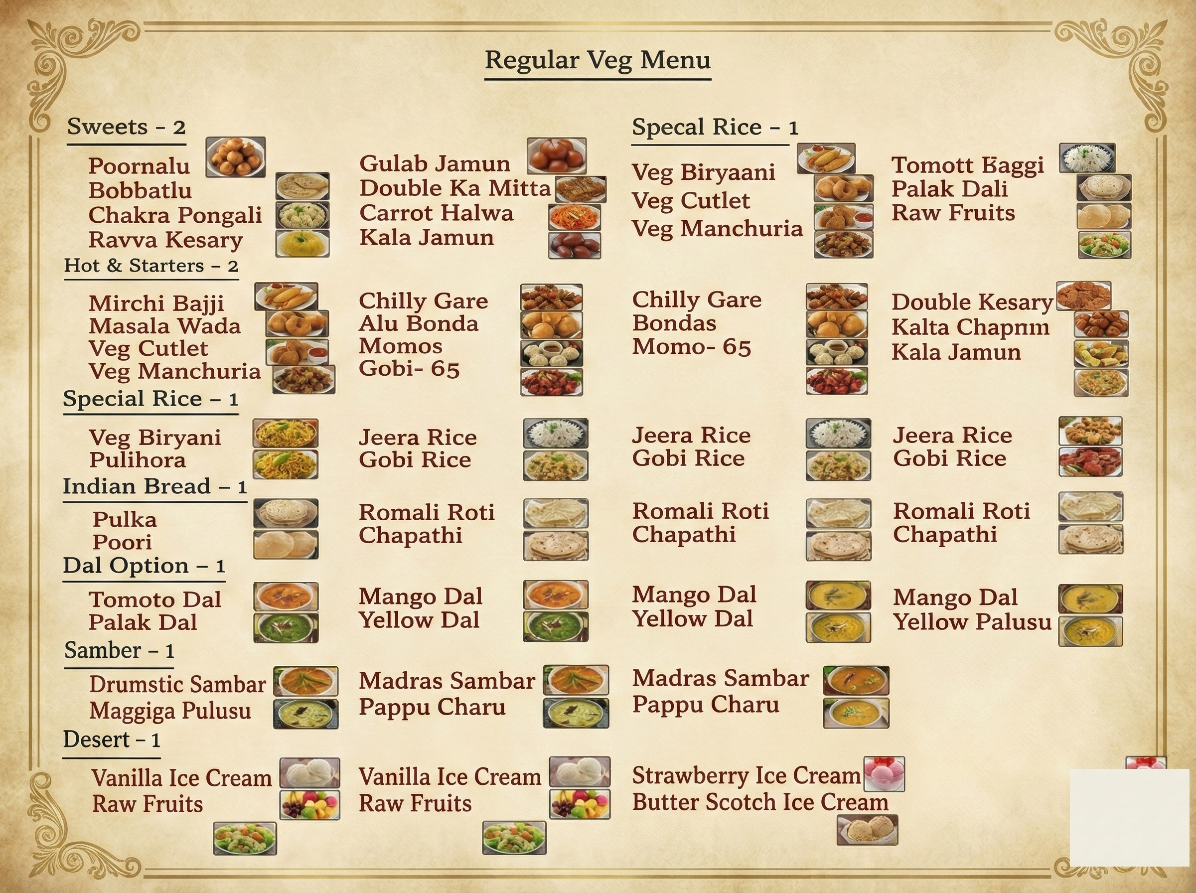 Regular Veg Menu Card